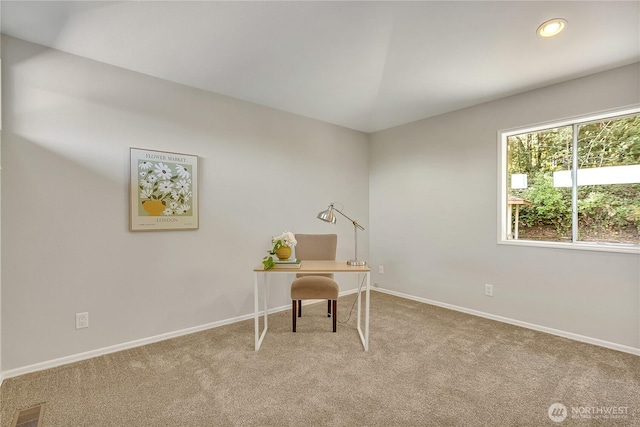 office featuring light carpet, baseboards, visible vents, and recessed lighting