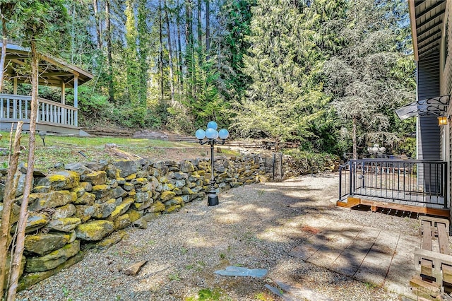 view of yard with a patio area and a view of trees