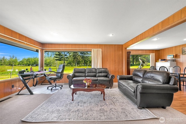 206 Kelly Rd, Bellingham, WA 98226 - living room featuring carpet flooring, wooden walls, recessed lighting, and plenty of natural light