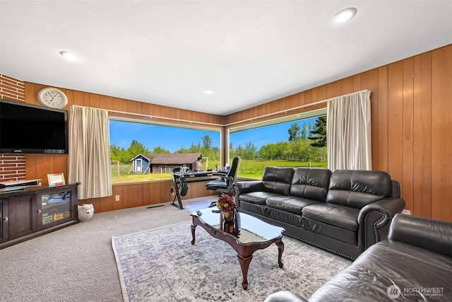 206 Kelly Rd, Bellingham, WA 98226 - carpeted living area with wooden walls and recessed lighting