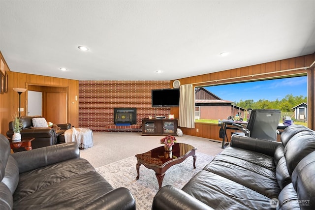 206 Kelly Rd, Bellingham, WA 98226 - carpeted living room featuring wooden walls and recessed lighting