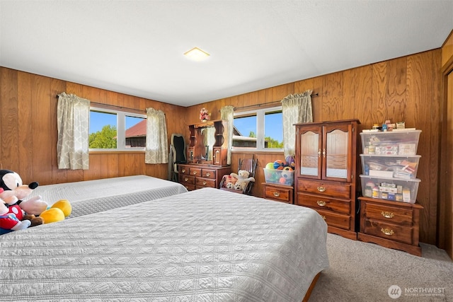 206 Kelly Rd, Bellingham, WA 98226 - bedroom featuring carpet flooring, multiple windows, and wooden walls