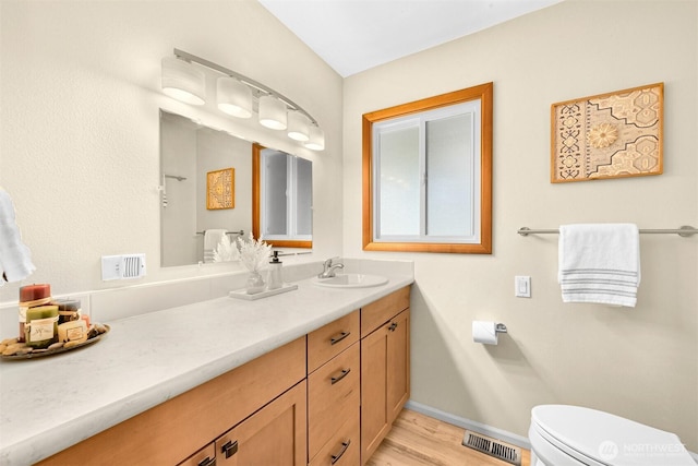 206 Kelly Rd, Bellingham, WA 98226 - bathroom with toilet, wood finished floors, visible vents, baseboards, and vanity