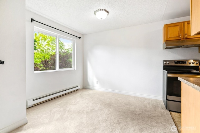 kitchen featuring a baseboard radiator, a textured ceiling, under cabinet range hood, stainless steel range with electric stovetop, and light carpet