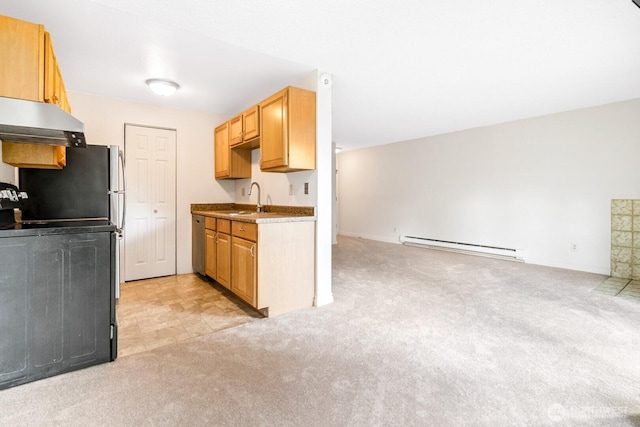 kitchen with a sink, open floor plan, stainless steel dishwasher, baseboard heating, and light colored carpet