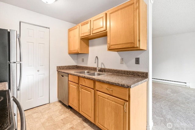 kitchen with a sink, dark countertops, stainless steel dishwasher, stove, and a baseboard heating unit