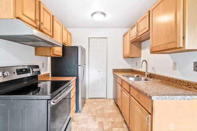 kitchen with appliances with stainless steel finishes, a sink, under cabinet range hood, and light brown cabinetry