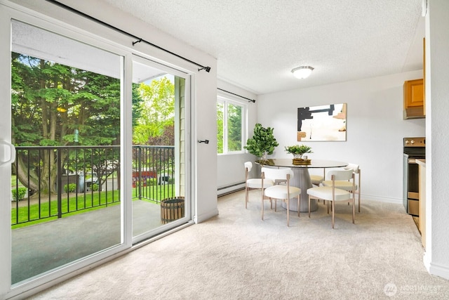 dining space featuring a baseboard heating unit, light colored carpet, a textured ceiling, and baseboards