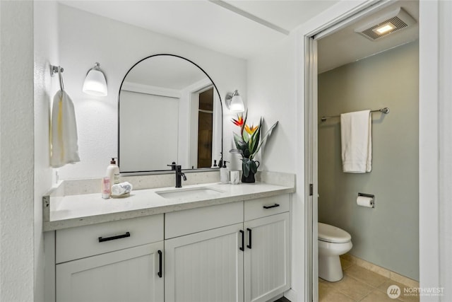 bathroom featuring tile patterned floors, toilet, and vanity