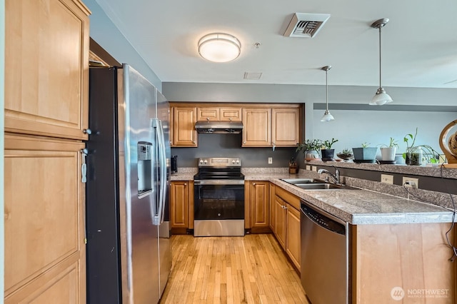 3201 Pacific Ave Unit 305, Tacoma, WA 98418 - kitchen featuring appliances with stainless steel finishes, a sink, under cabinet range hood, light wood finished floors, and a peninsula