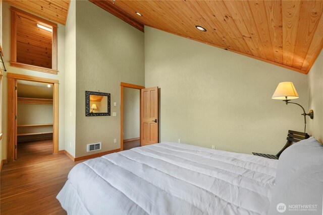 41 Red Tail Ridge Rd, Twisp, WA 98856 - bedroom featuring wooden ceiling, wood finished floors, baseboards, recessed lighting, and high vaulted ceiling