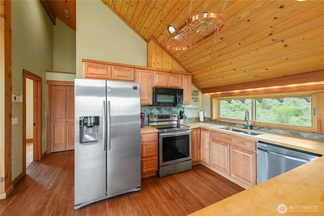 41 Red Tail Ridge Rd, Twisp, WA 98856 - kitchen featuring appliances with stainless steel finishes, a sink, wood ceiling, wood finished floors, and backsplash