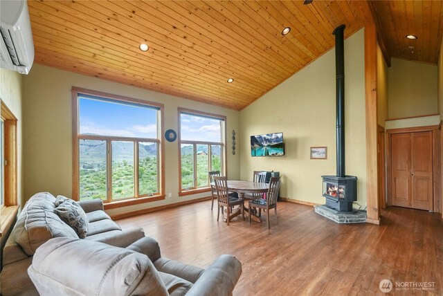 41 Red Tail Ridge Rd, Twisp, WA 98856 - living room with a wood stove, a wall mounted air conditioner, lofted ceiling, wooden ceiling, and wood finished floors