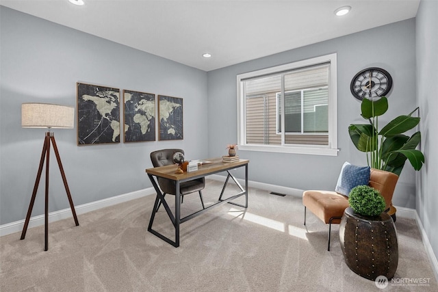 carpeted office featuring baseboards and recessed lighting