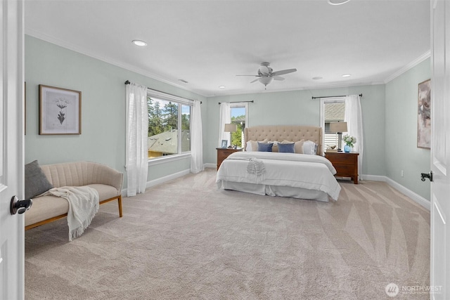 bedroom featuring ornamental molding, baseboards, carpet flooring, recessed lighting, and a ceiling fan
