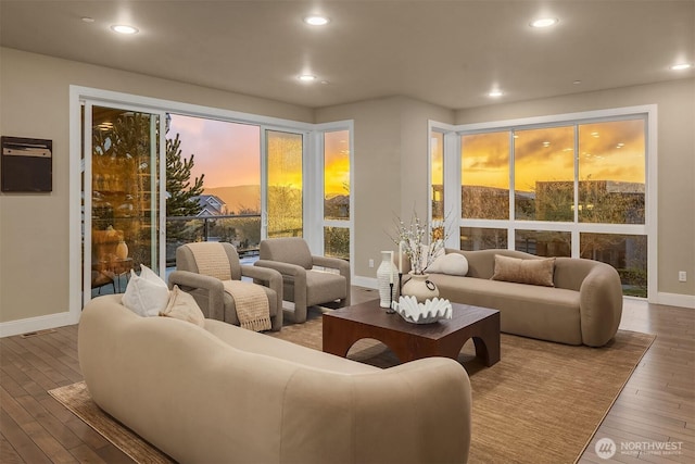 living room featuring baseboards, recessed lighting, and wood-type flooring