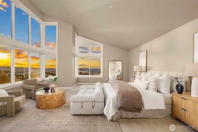 carpeted bedroom with baseboards and high vaulted ceiling