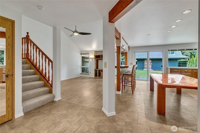 1002 30th St NE, Auburn, WA 98002 - dining space with ceiling fan, baseboards, recessed lighting, stairs, and beam ceiling