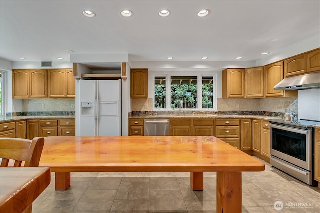 1002 30th St NE, Auburn, WA 98002 - kitchen with appliances with stainless steel finishes, a sink, under cabinet range hood, recessed lighting, and tasteful backsplash