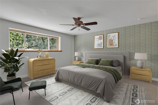 1002 30th St NE, Auburn, WA 98002 - bedroom with carpet flooring, wallpapered walls, baseboards, and ceiling fan