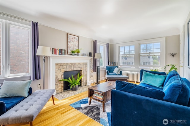 746 10th Ave E, Seattle, WA 98102 - living area with radiator heating unit, a fireplace, and wood finished floors