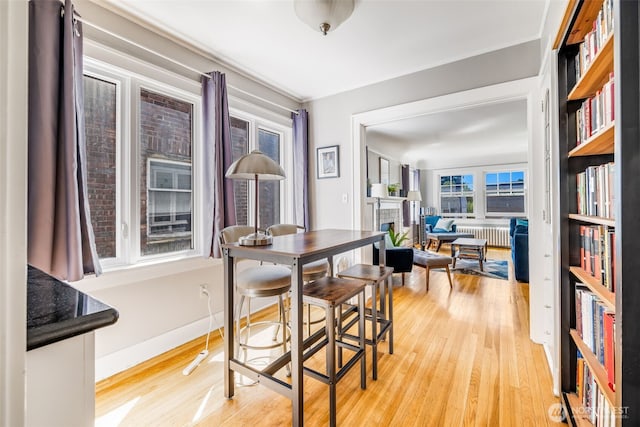 746 10th Ave E, Seattle, WA 98102 - dining room with baseboards, radiator, a fireplace, and light wood-style flooring