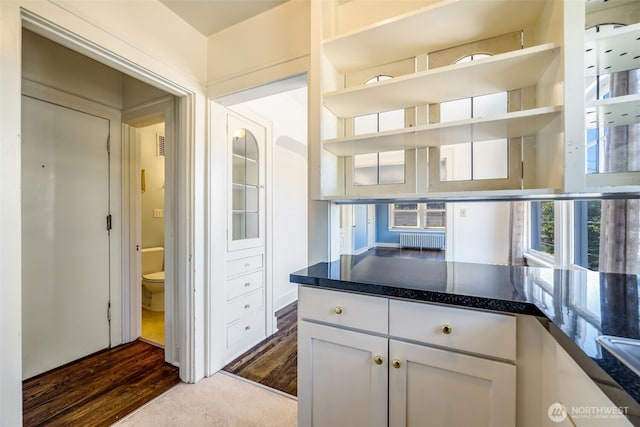 746 10th Ave E, Seattle, WA 98102 - interior space featuring white cabinetry, dark countertops, open shelves, and dark wood-style floors