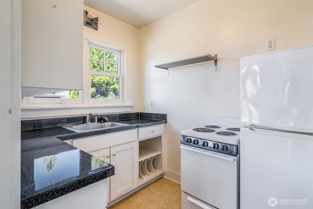 746 10th Ave E, Seattle, WA 98102 - kitchen featuring open shelves, dark countertops, a sink, and white appliances