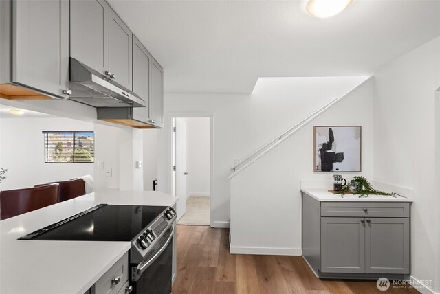 4822 S M St, Tacoma, WA 98408 - kitchen with gray cabinets, under cabinet range hood, stainless steel electric range, light countertops, and wood finished floors