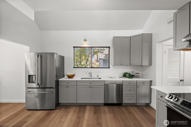 4822 S M St, Tacoma, WA 98408 - kitchen with appliances with stainless steel finishes, gray cabinetry, a sink, light countertops, and lofted ceiling