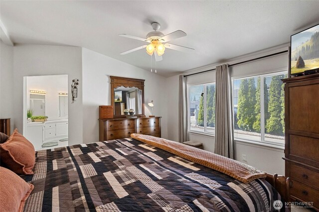 bedroom with lofted ceiling and a ceiling fan
