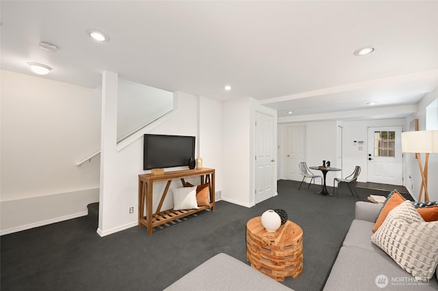 living room with baseboards, stairs, recessed lighting, and carpet