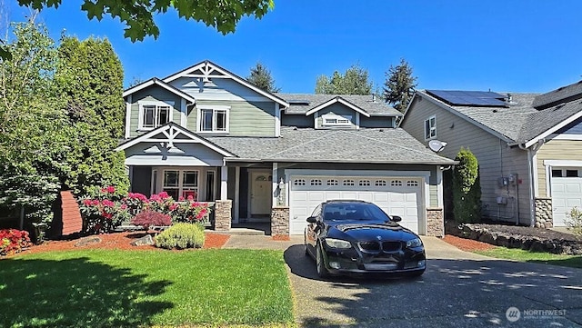 craftsman inspired home with an attached garage, a shingled roof, stone siding, aphalt driveway, and a front lawn