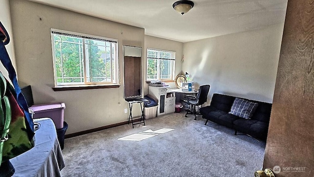 carpeted home office with baseboards