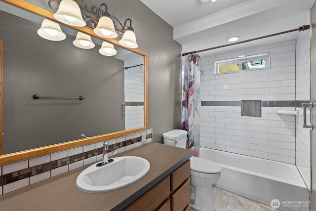 2350 38th Ave, Longview, WA 98632 - full bath with toilet, vanity, shower / bath combination with curtain, tasteful backsplash, and stone finish floors