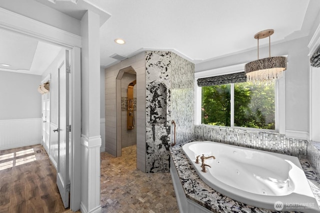2350 38th Ave, Longview, WA 98632 - full bath featuring a jetted tub, a wainscoted wall, walk in shower, recessed lighting, and a chandelier