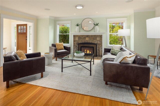 living room featuring wood finished floors, a fireplace, and ornamental molding