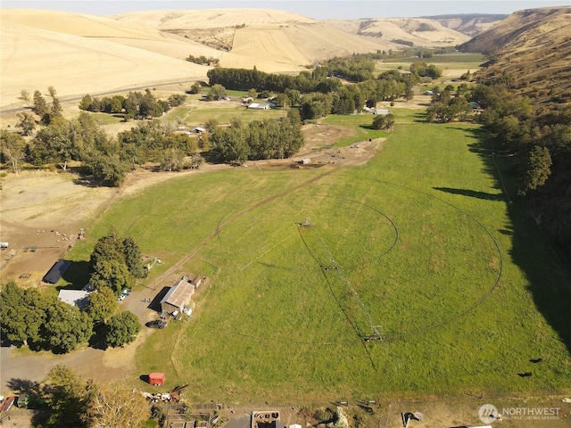 birds eye view of property featuring a rural view and a mountain view