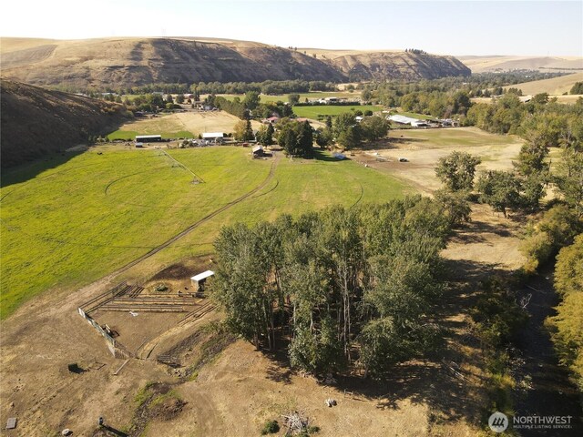 drone / aerial view with a mountain view and a rural view