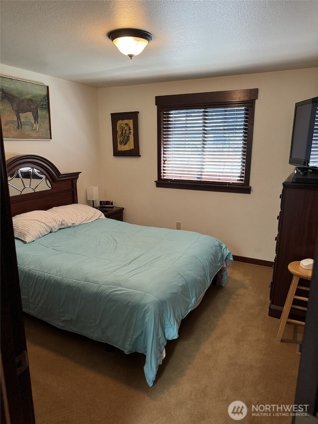 bedroom featuring carpet and a textured ceiling