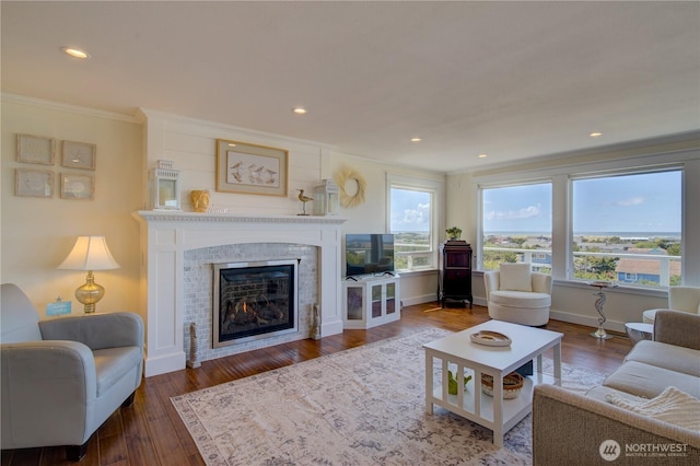1005 346th Pl, Ocean Park, WA 98640 - living area with ornamental molding, a glass covered fireplace, wood finished floors, recessed lighting, and baseboards