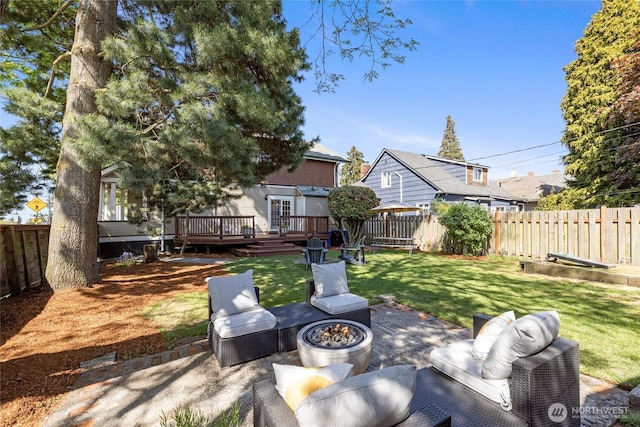 3301 Mckinley Ave, Tacoma, WA 98404 - view of yard with a fire pit, a patio area, a deck, and a fenced backyard
