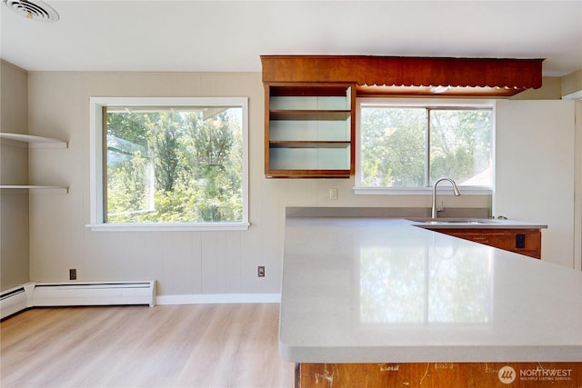 kitchen with open shelves, visible vents, wood finished floors, and a sink
