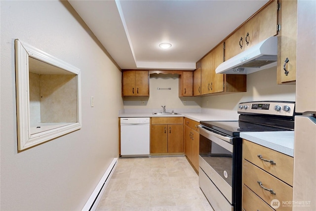 kitchen with white dishwasher, light countertops, stainless steel electric stove, and under cabinet range hood