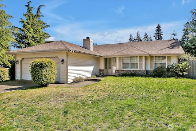 ranch-style house featuring an attached garage, a chimney, and driveway