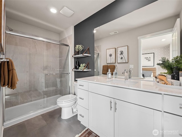 full bath with recessed lighting, toilet, visible vents, a shower stall, and vanity