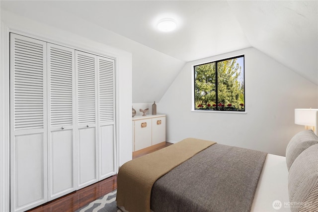 bedroom featuring lofted ceiling, dark wood-style floors, and a closet