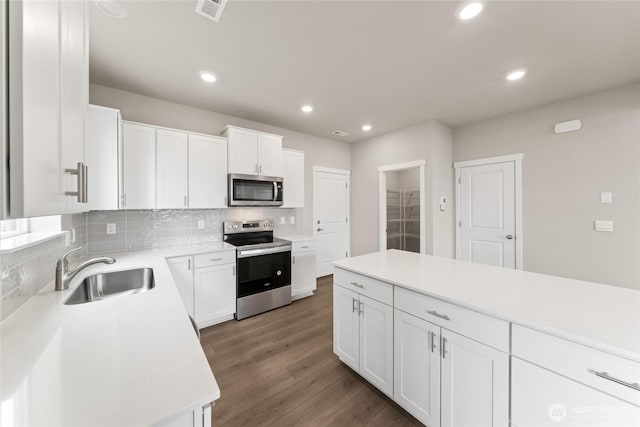 kitchen featuring a sink, white cabinetry, visible vents, appliances with stainless steel finishes, and decorative backsplash