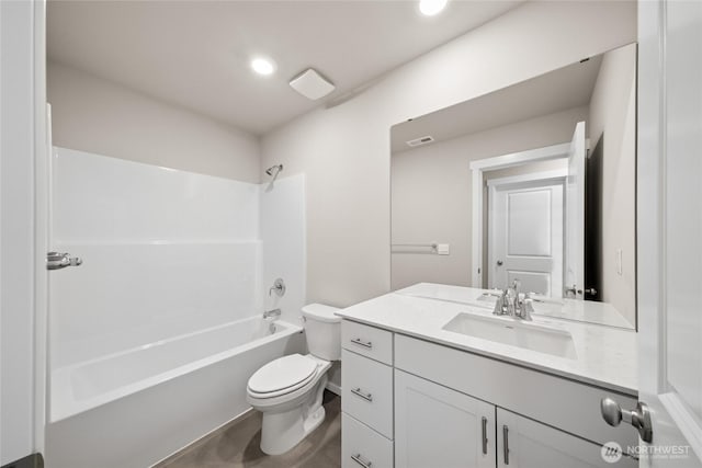 full bath featuring recessed lighting, toilet, visible vents, vanity, and shower / bathing tub combination