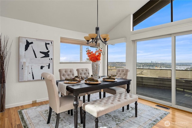 4538 Somerset Dr SE, Bellevue, WA 98006 - dining room featuring wood finished floors, visible vents, vaulted ceiling, a chandelier, and baseboards